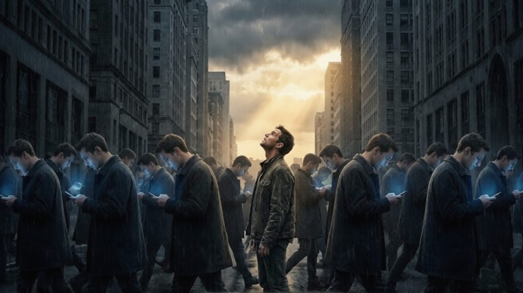 atta psicología imagen portada post ¿qué somos? hombre no siguiendo a la multitud, mirando al cielo mientras todos los demás hombres están mirando al móvil
